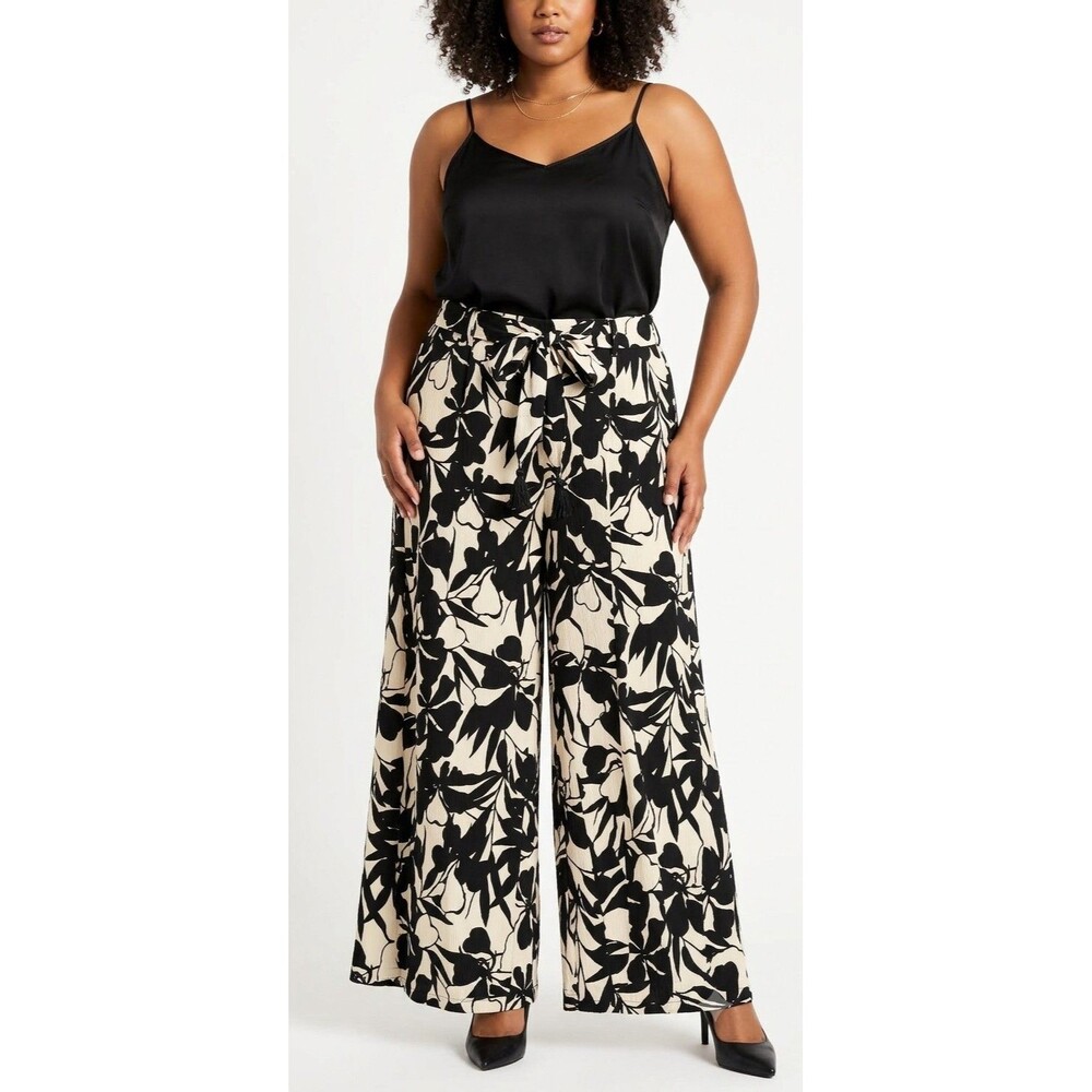 Cato Women's Wide Leg Floral Pants Tie Black/Off White Beige XL (16/18) New